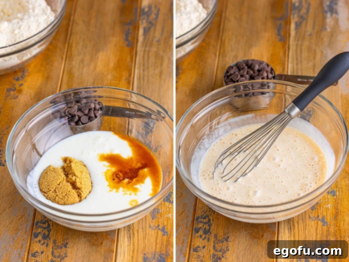 Wet ingredients being mixed together with a whisk.