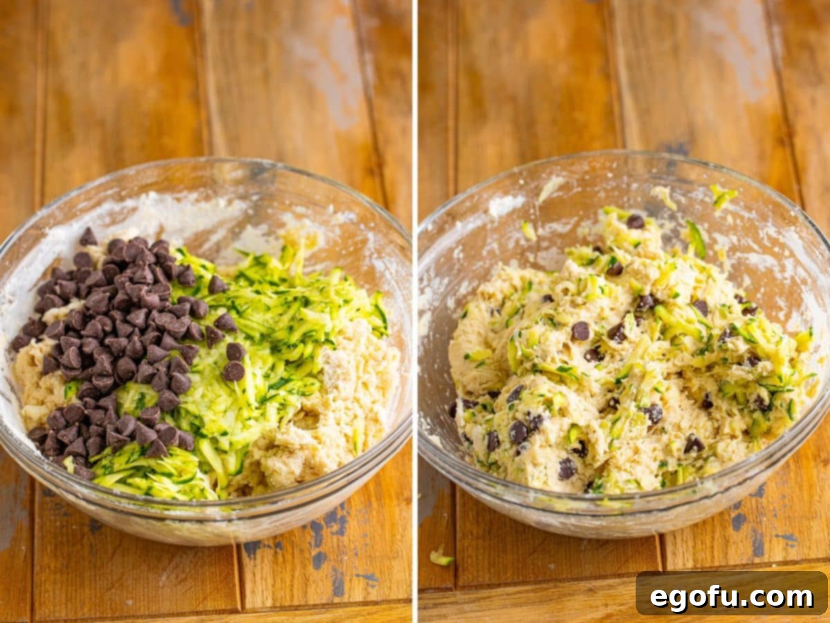 Zucchini and chocolate chips being added to scone dough.