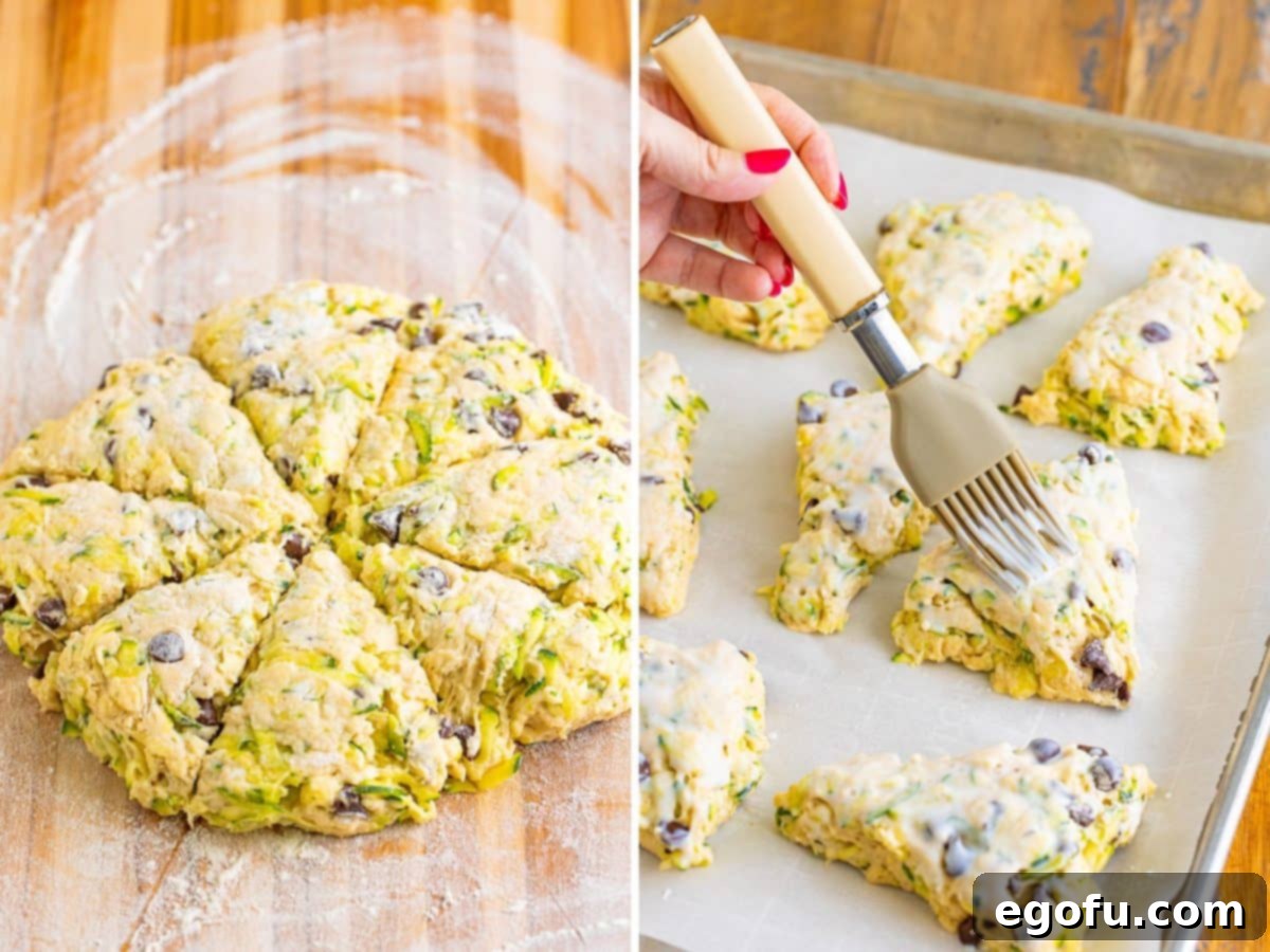 Scone dough being cut and brushed with buttermilk.