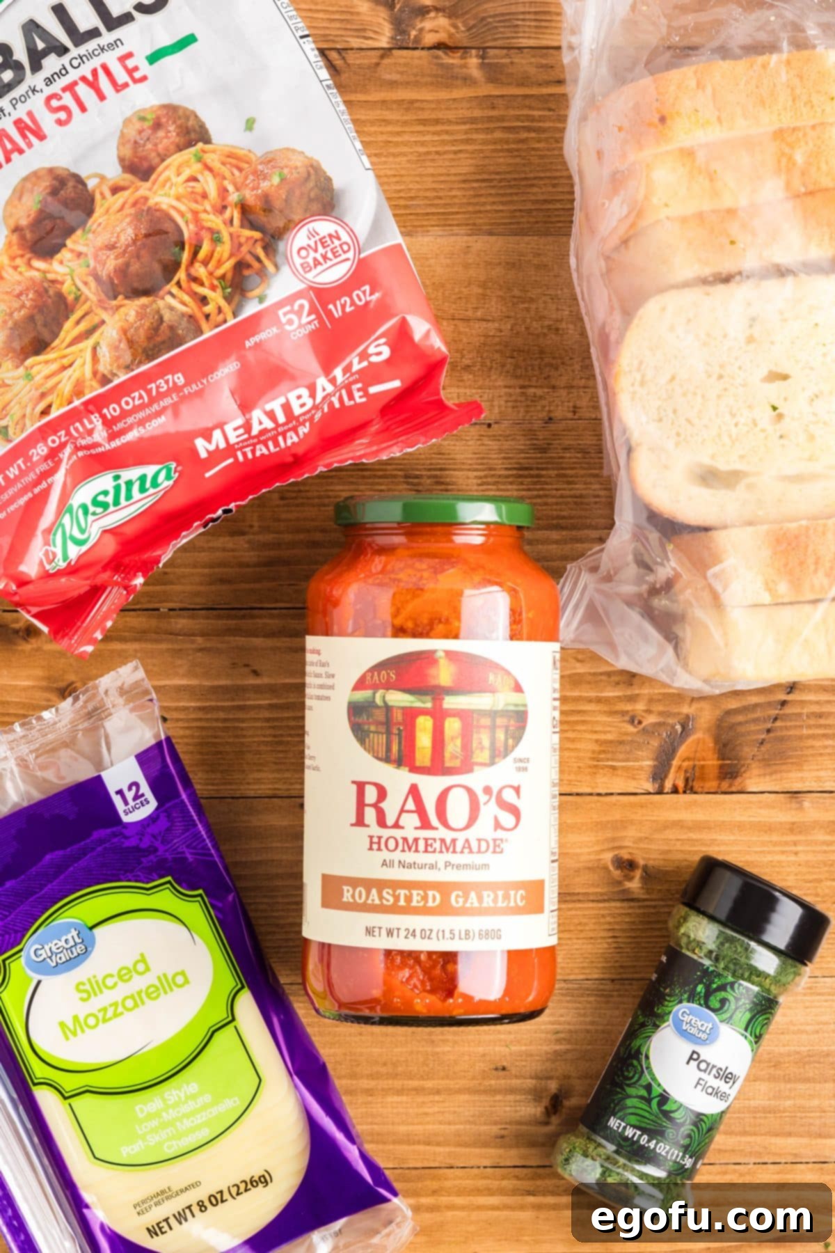 Meatballs, pasta sauce, mozzarella cheese, parsley, and Texas Toast.