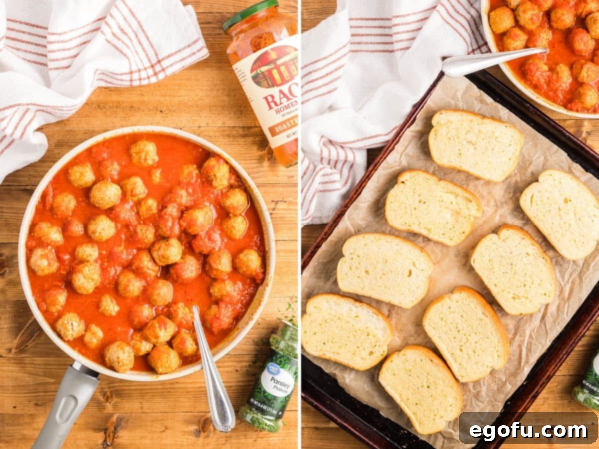 A skillet of meatballs and red sauce and then Texas Toast being cooked.