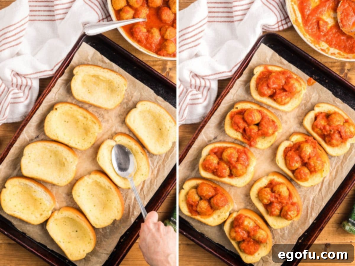 A spoon making an indent in Texas Toast pieces and meatballs being added on top.