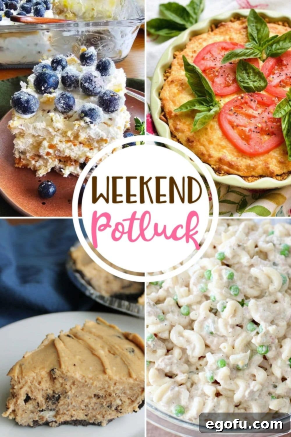 Weekend Potluck featured recipes include: Rock Bottom Pie, Southern Tomato Pie, From Scratch Lemon Blueberry Icebox Cake and Tuna Macaroni Salad.
