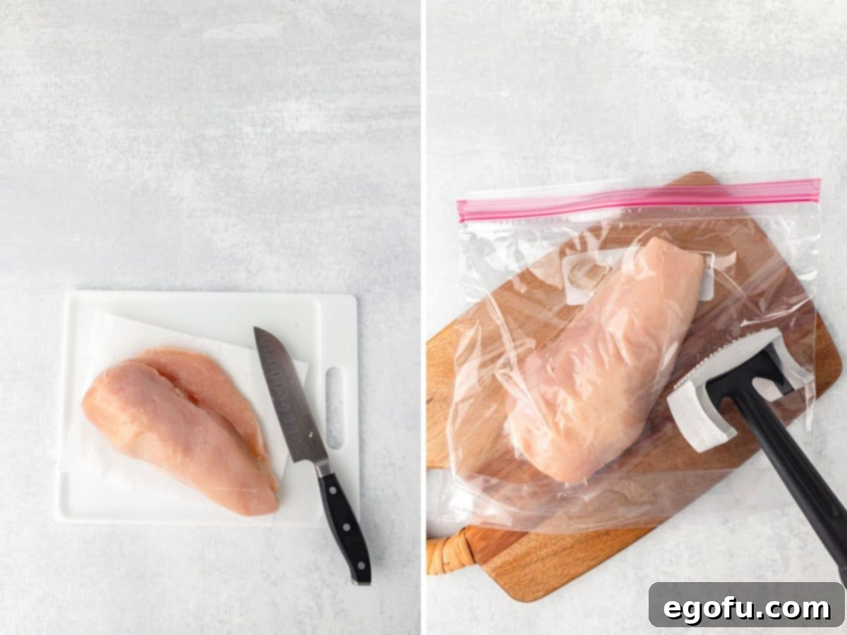 Chicken breast and a knife on a cutting board and then sliced chicken in a plastic bag with a meat mallet.