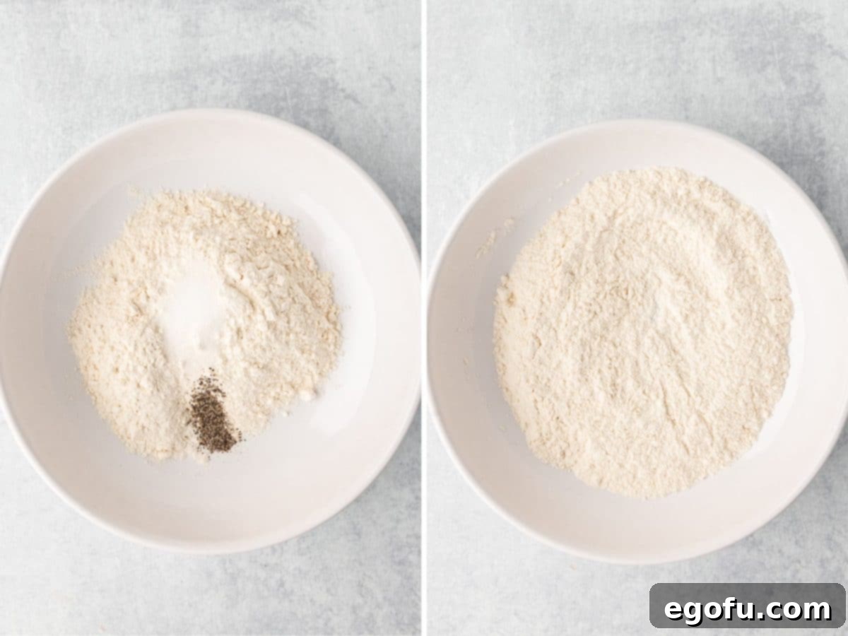A shallow bowl with flour, salt, and pepper.