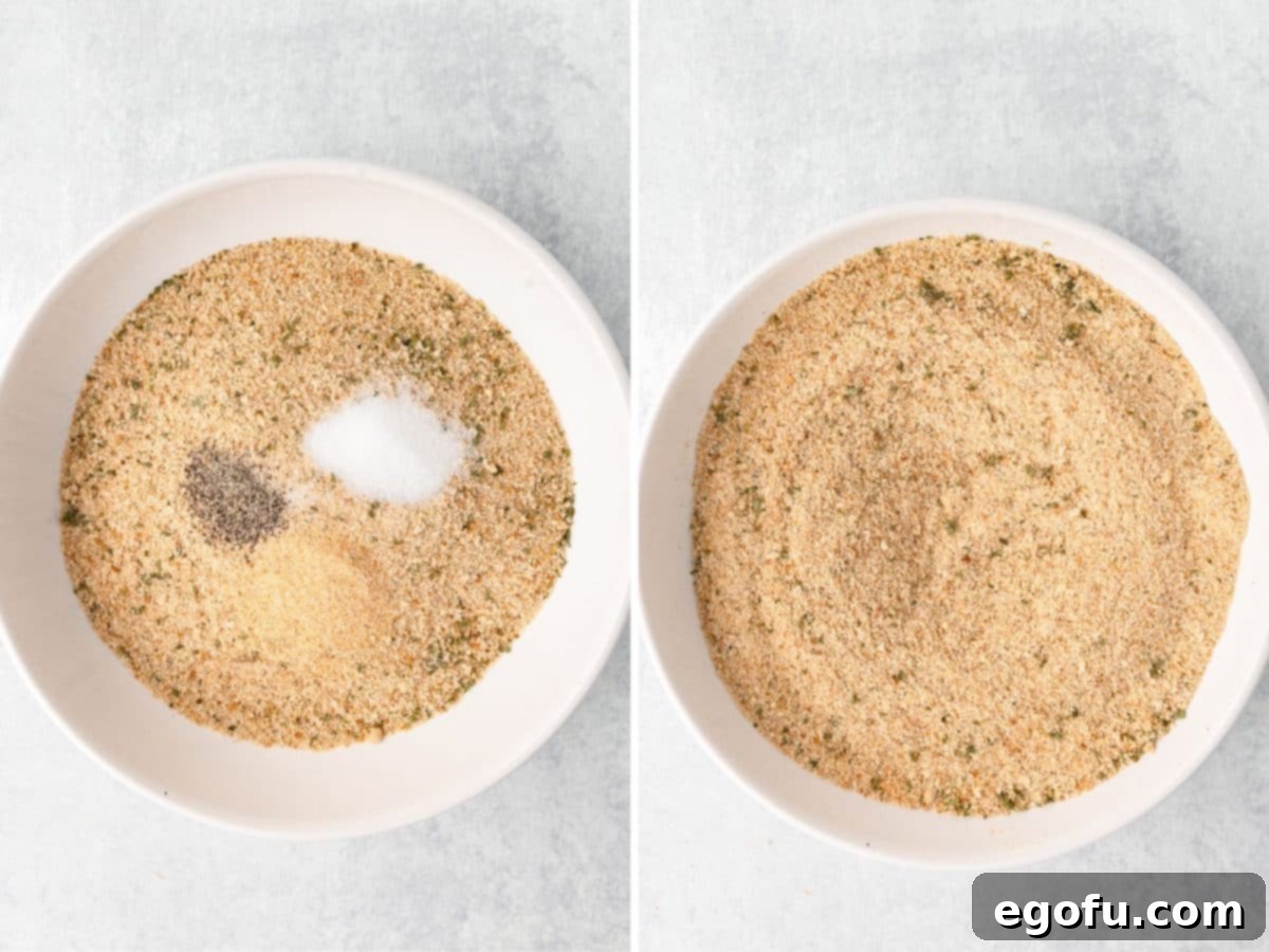 A bowl with bread crumbs and seasonings being mixed together. 