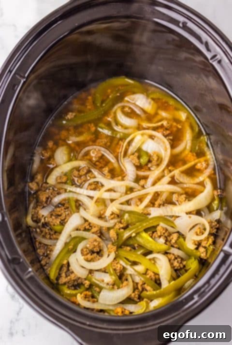 Ground beef, peppers, and onions in a savory broth.