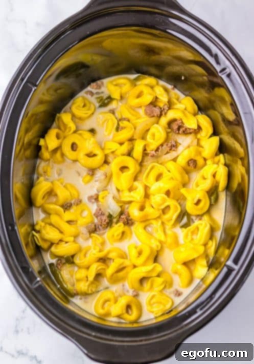 Cheese tortellini in a beef, peppers, and onions mixture.