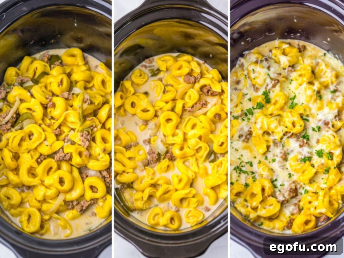Cheese tortellini being added to a cheesesteak mixture.