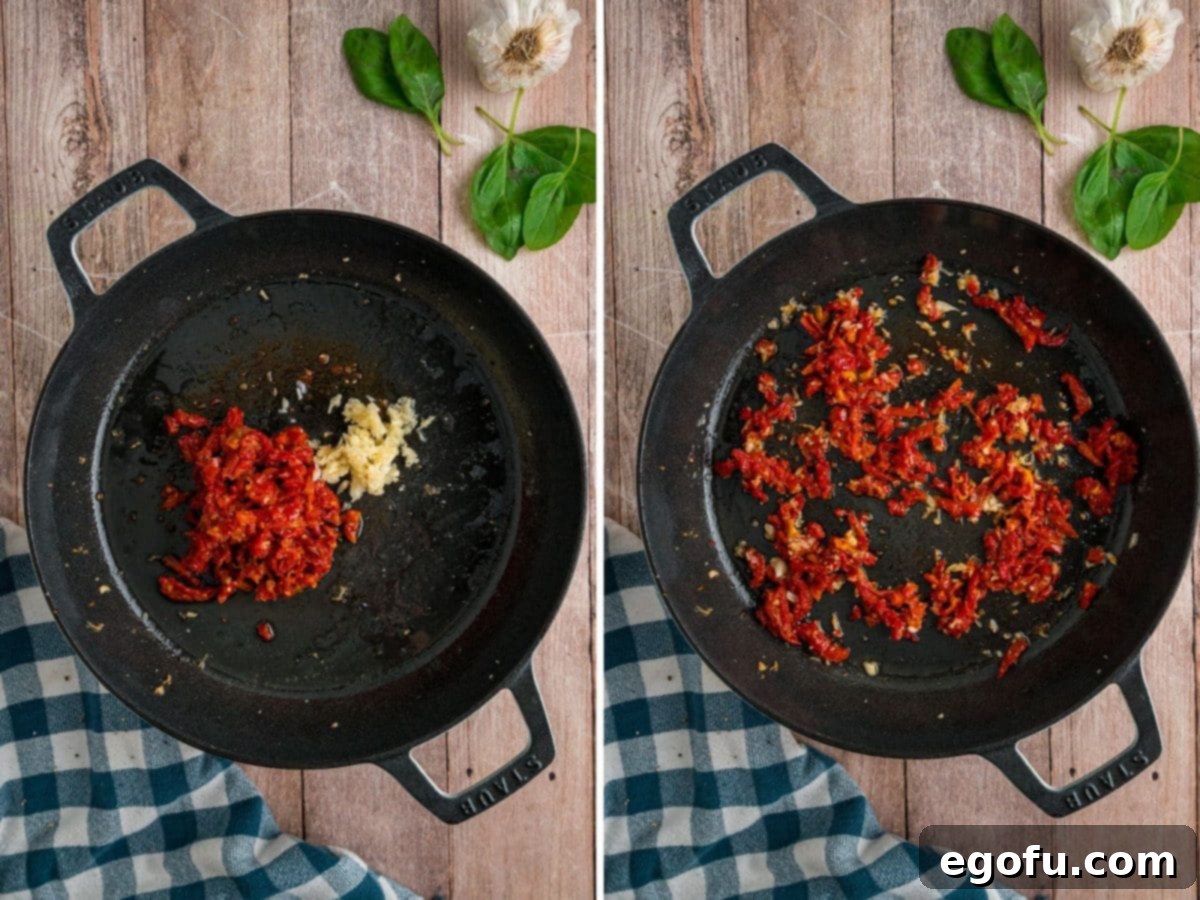 Minced garlic and sun-dried tomatoes sizzling in a skillet.