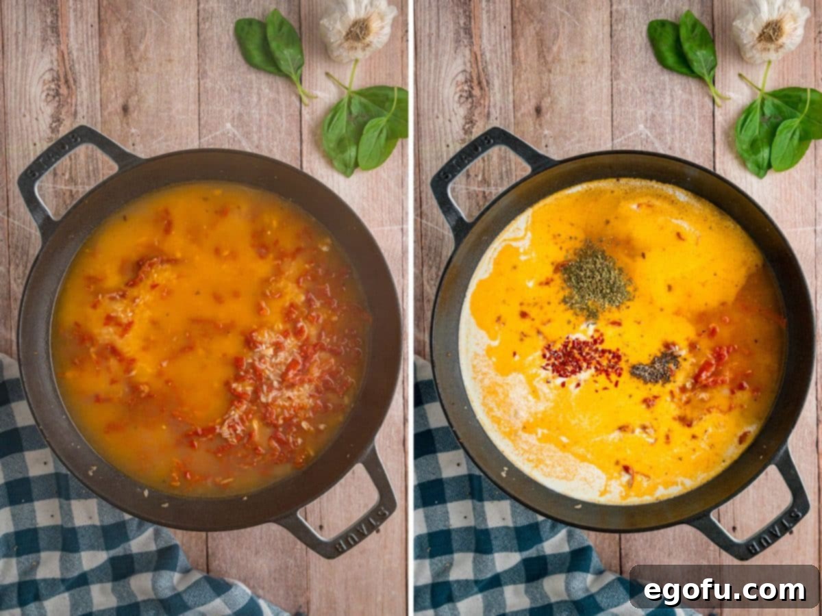 Chicken stock, heavy cream, Italian seasoning, and red pepper flakes being mixed in a skillet.