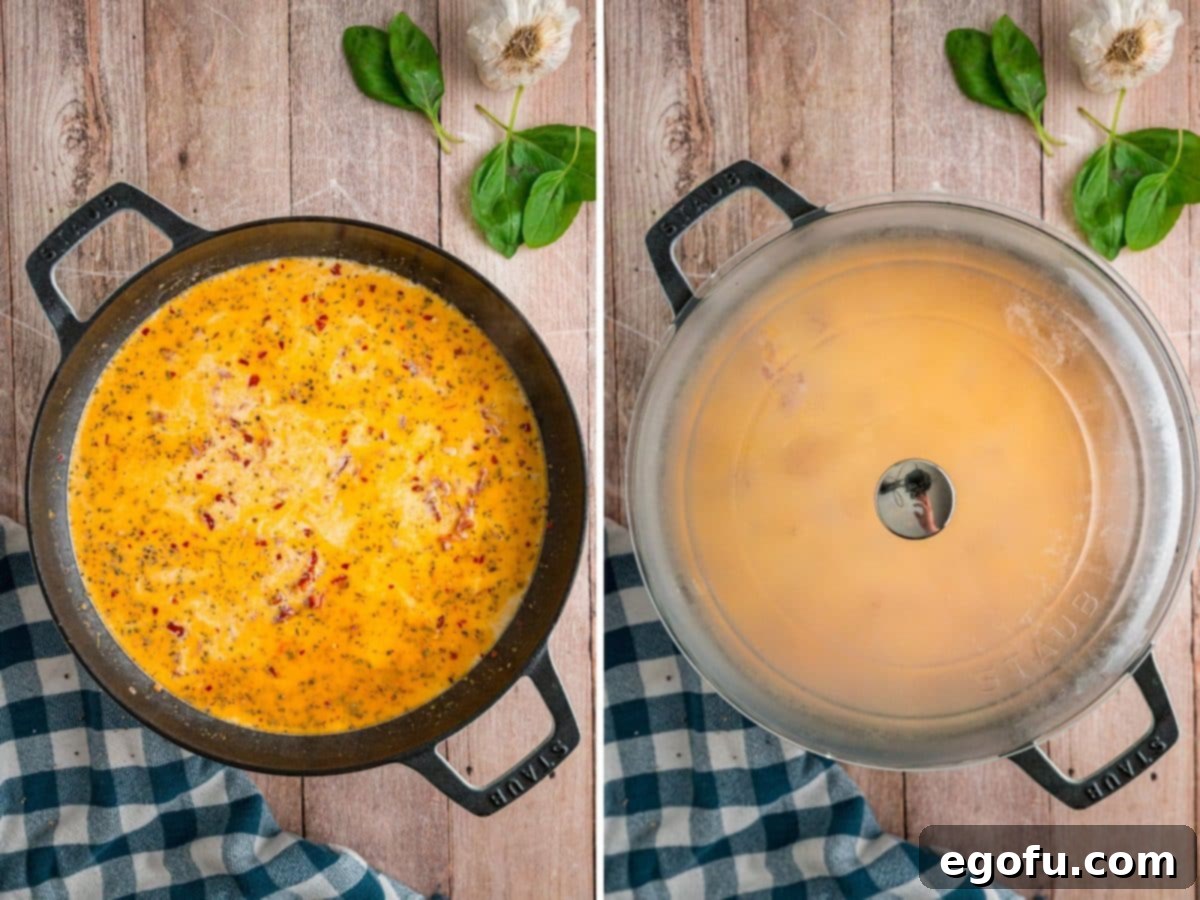 A skillet simmering on the stove, then covered with a tight-fitting lid to cook the rice.