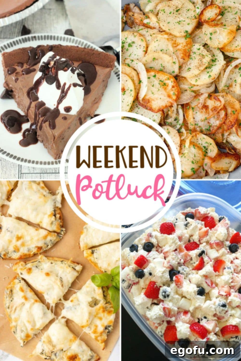 Weekend Potluck featured recipes include: 3 Ingredient Chocolate Pie, Fried Potatoes and Onion, Chicken Spinach Artichoke Pizza and Red, White and Blue Cheesecake Salad.