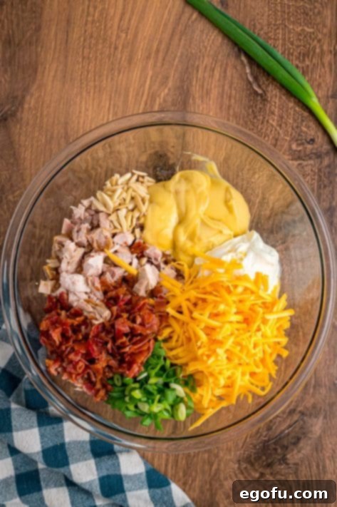 Diced chicken, cream of chicken soup, sour cream, cheddar cheese, green onions, almonds, and bacon in a large bowl.