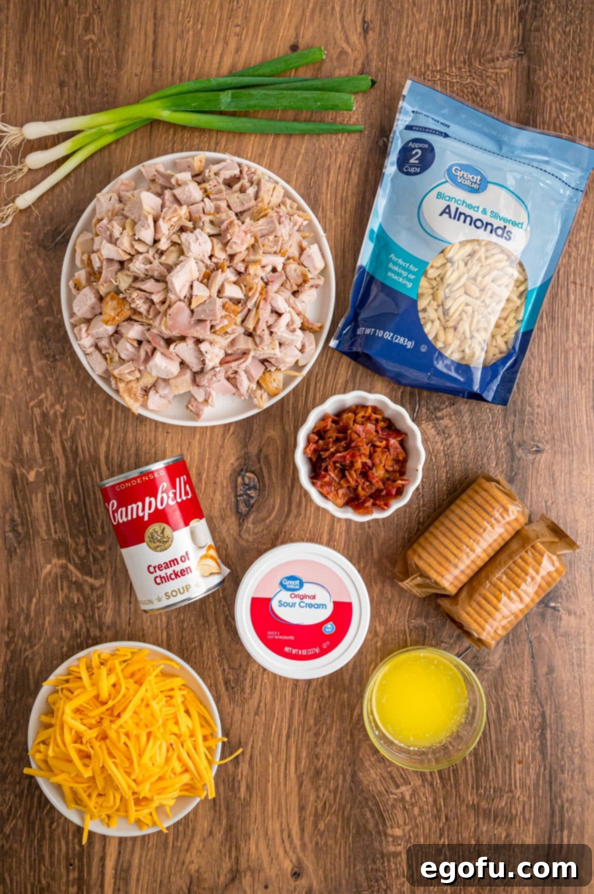 Cooked chicken, cream of chicken soup, shredded cheese, sour cream, melted butter, Ritz crackers, green onions, and bacon.