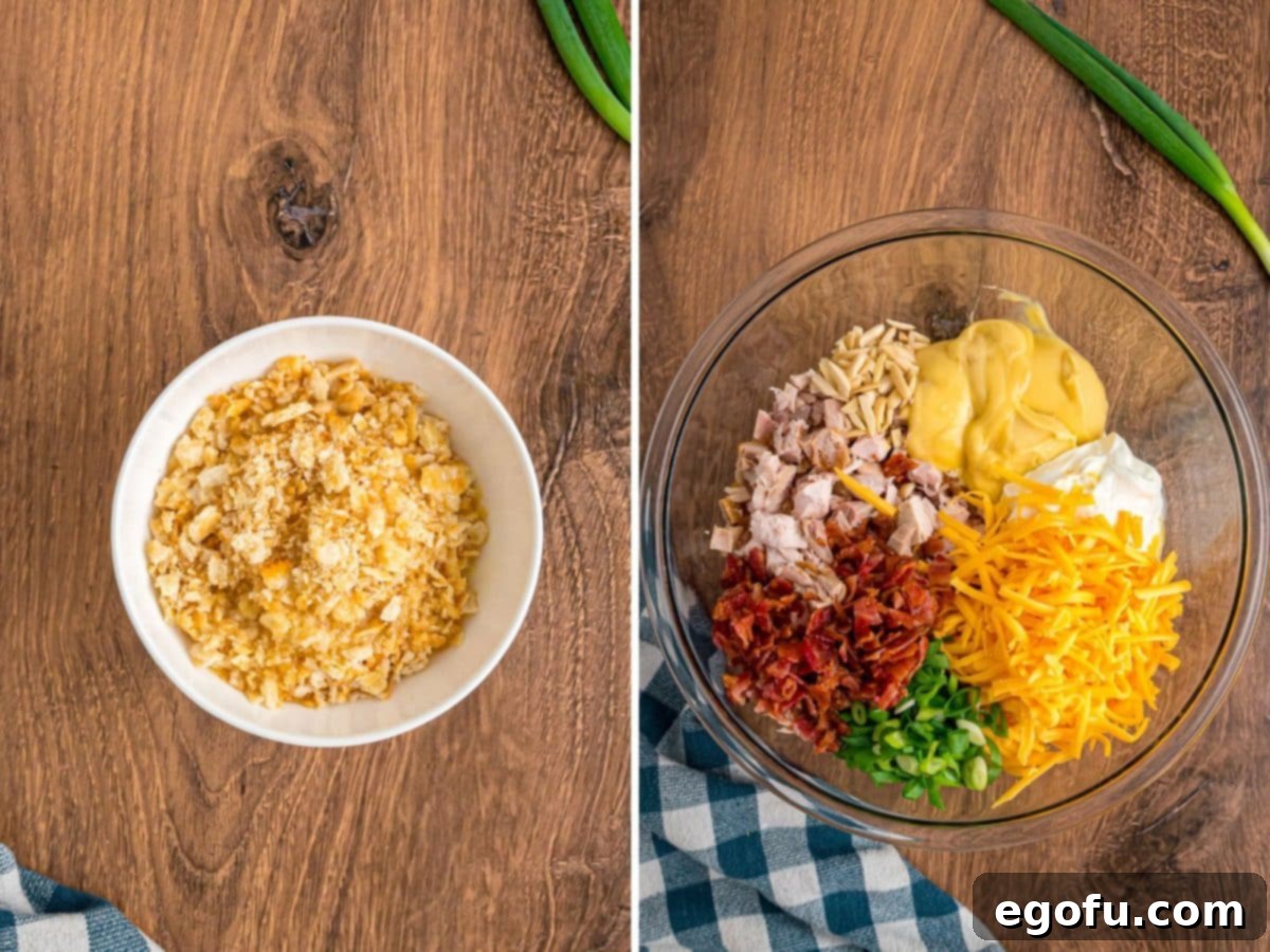 Ritz cracker mixture and chicken casserole mixture in different bowls.
