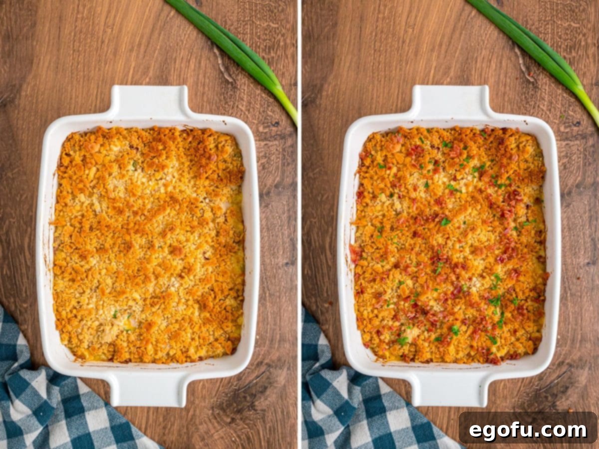 Baked Neiman Marcus Chicken Casserole, garnished with green onions. 