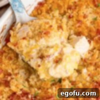 A serving utensil getting a scoop of Neiman Marcus Chicken Casserole.