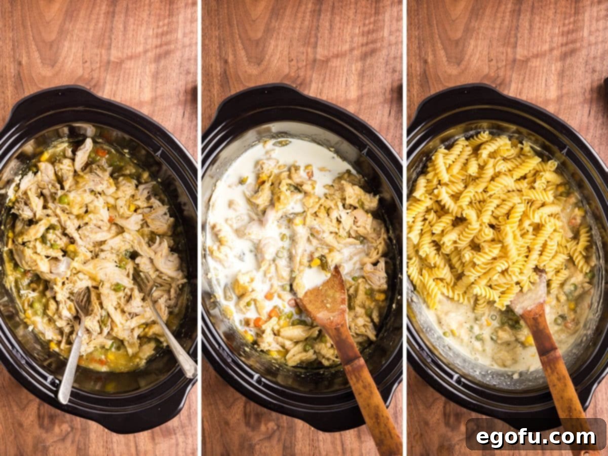 Ultimate Slow Cooker Chicken Pot Pie Pasta 7 Chicken being shredded in a Slow Cooker, heavy cream being added and cooked pasta being added to Crockpot.
