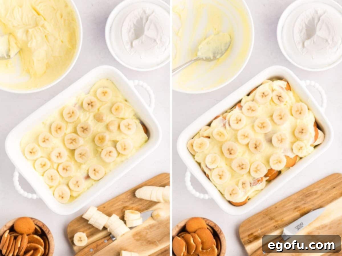 Fresh banana slices meticulously arranged over a layer of creamy pudding and Nilla wafers in the dessert dish.