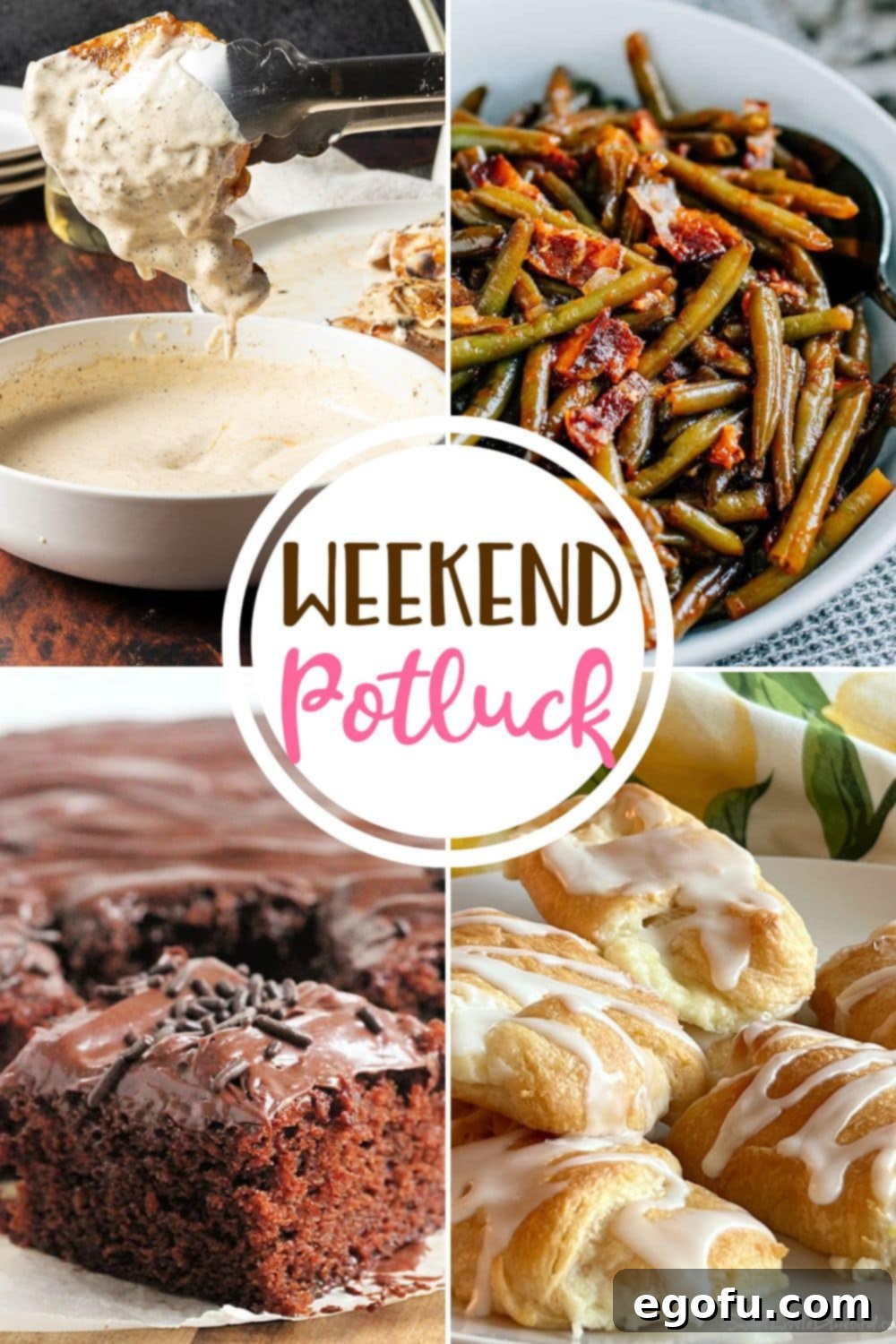Weekend Potluck Chocolate Syrup Cake 2 A collage of delicious potluck recipes including Chocolate Syrup Cake, BBQ Green Beans, Grilled Alabama BBQ Chicken, and Lemon Cheesecake Crescent Rolls. Perfect for family gatherings and weekend feasts.