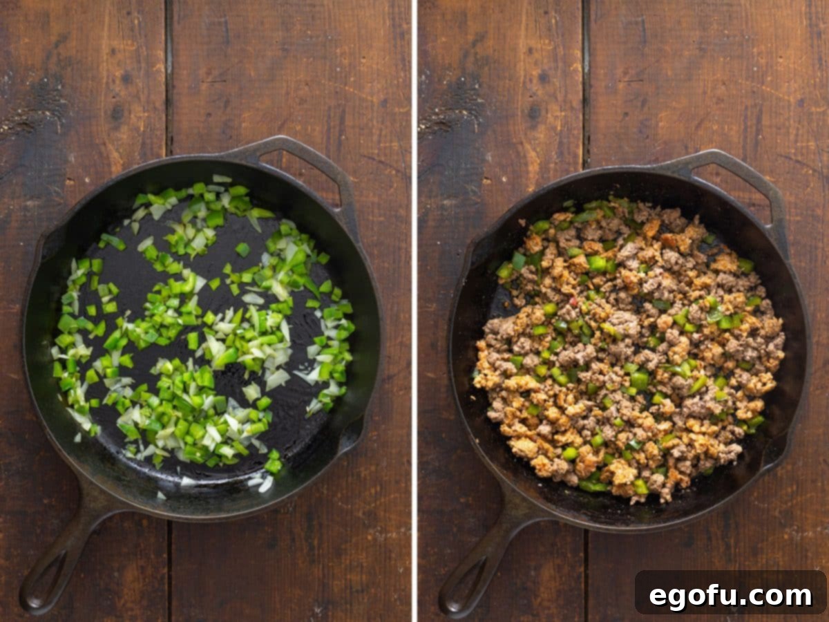 A cast-iron skillet filled with a savory mixture of perfectly browned Italian sausage and ground beef, mixed with tender sautéed green peppers and onions.