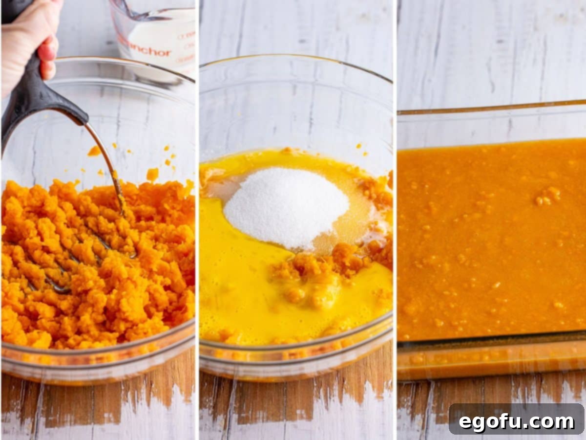 A small bowl with mashed sweet potatoes, ready for mixing.
