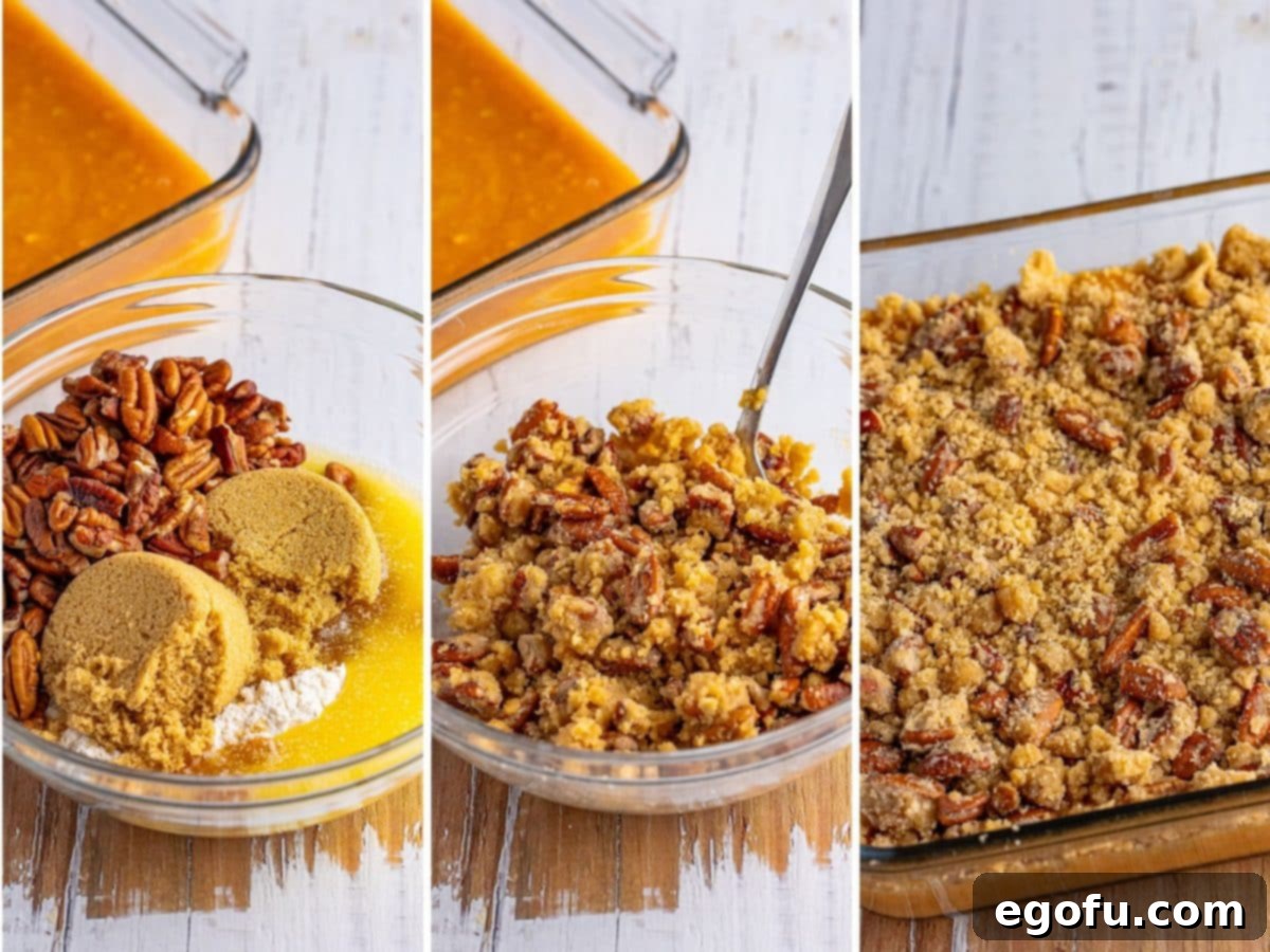 A bowl showing the streusel topping ingredients: melted butter, brown sugar, flour, and chopped pecans, partially mixed.