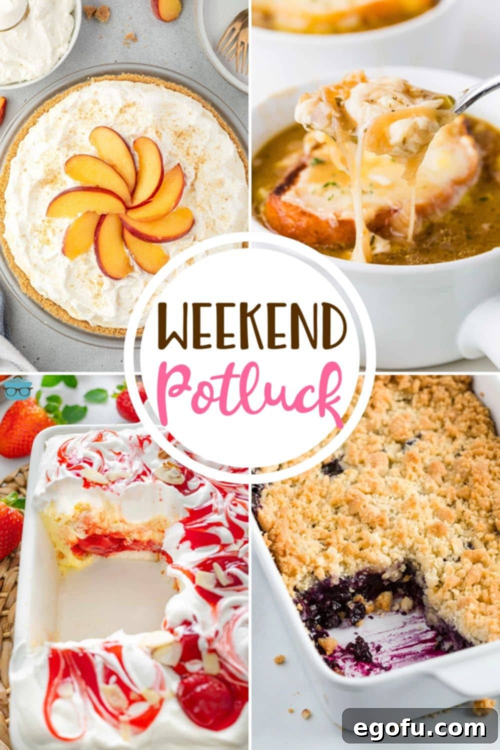 Weekend Potluck featured recipes include: No-Bake Peaches and Cream Pie, French Onion Soup with Gruyere, Blueberry Crisp and Heaven on Earth Cake.