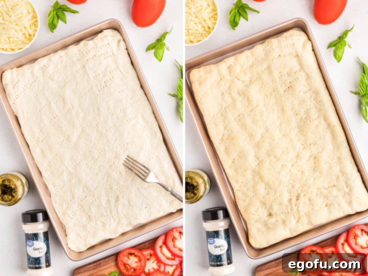 Two images side-by-side: left shows a fork poking holes into raw pizza dough on a baking sheet, right shows the same dough after being par-baked, slightly risen and pale golden.