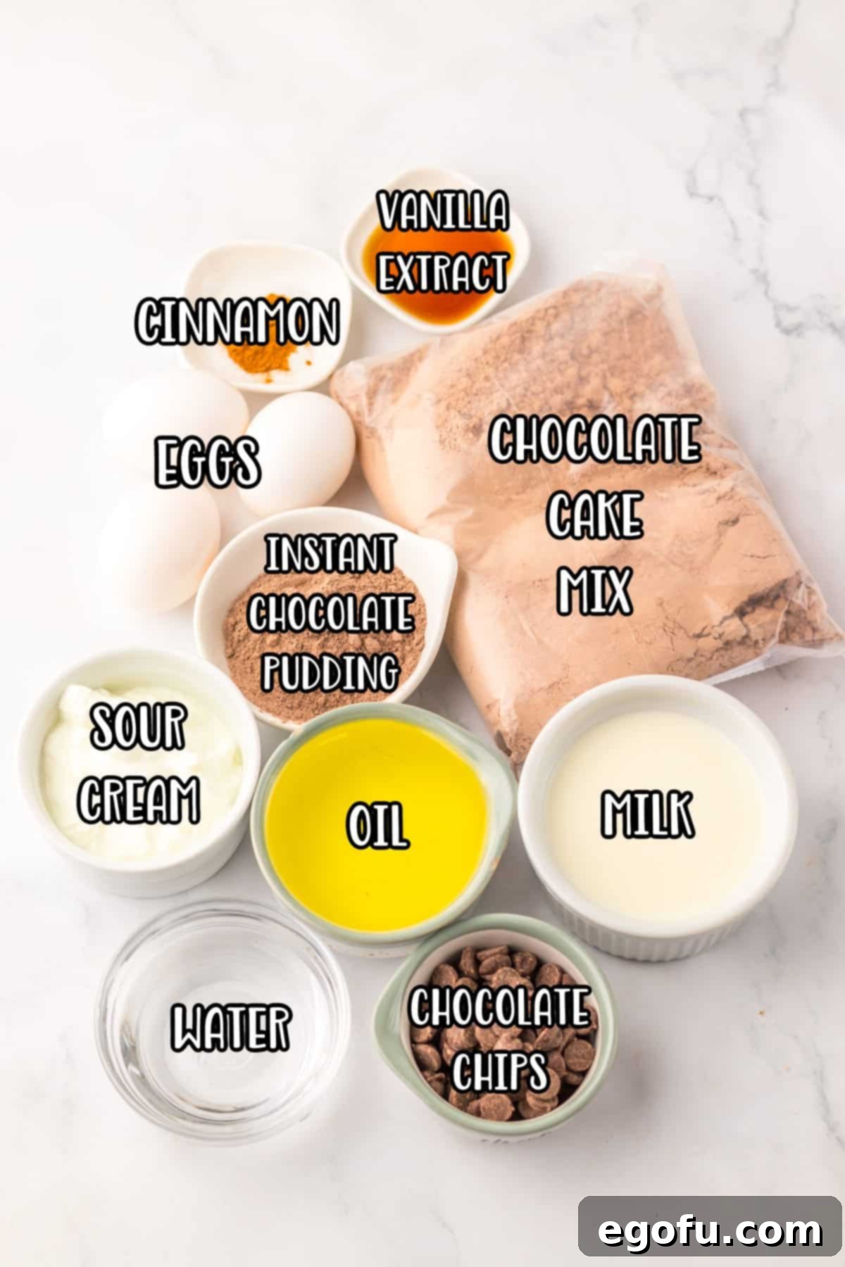 An array of ingredients laid out: chocolate cake mix, milk, oil, instant chocolate pudding mix, eggs, cinnamon, vanilla extract, sour cream, water, and a bowl of chocolate chips.