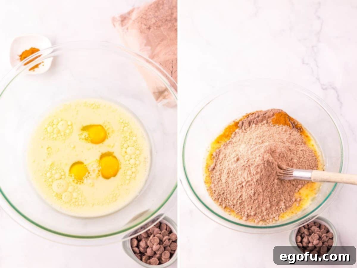 Wet ingredients for muffins in a bowl, followed by chocolate cake mix being added.