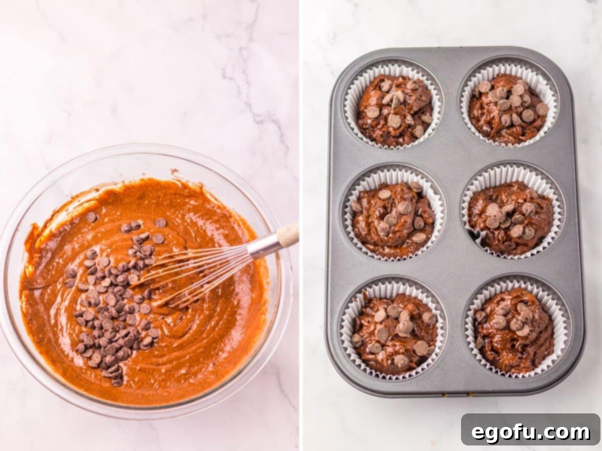 Chocolate chips being added to muffin mix, and muffin batter inside of lined muffin wells, topped with more chips.