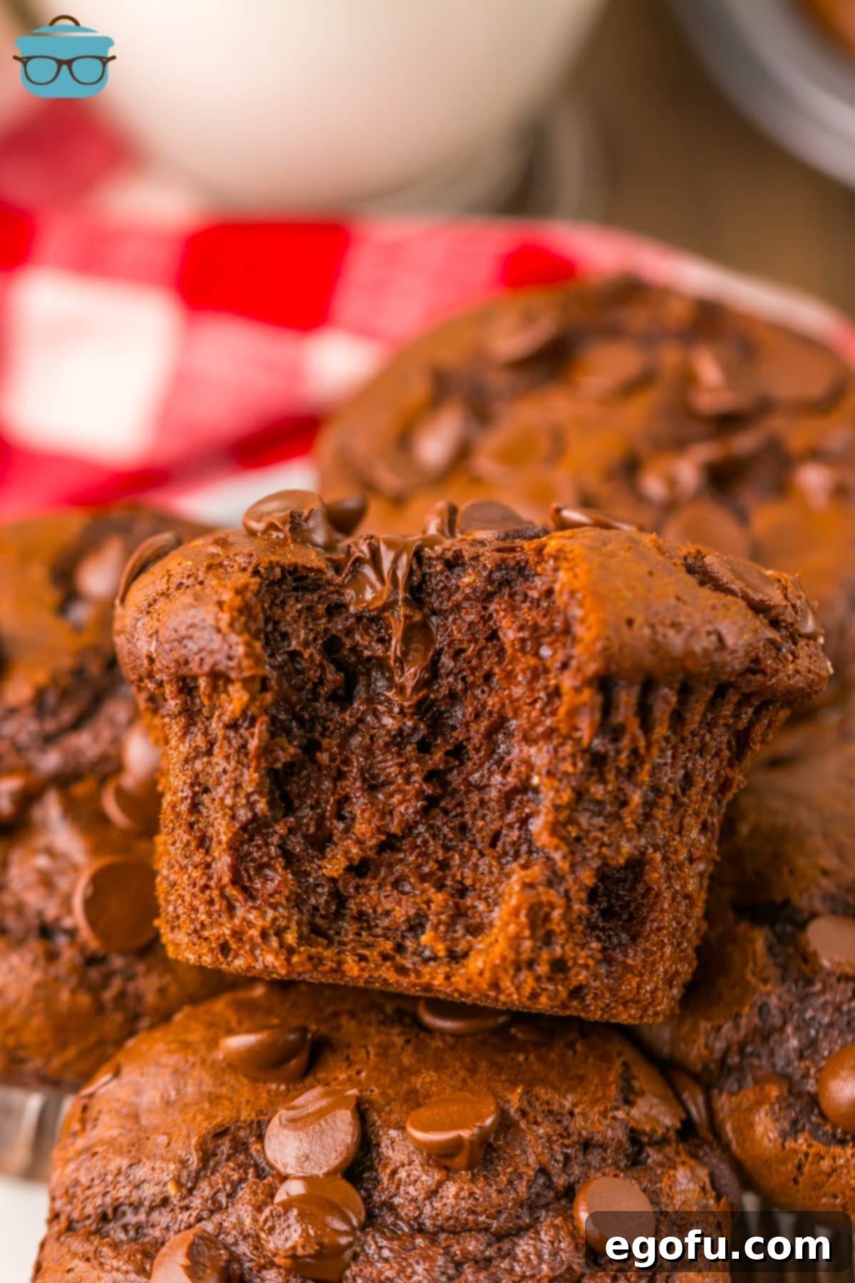 A close-up view of a freshly baked Double Chocolate Muffin with a bite missing, revealing its rich, moist interior.
