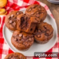 Looking down on a plate of Costco Double Chocolate Muffins, one with a bite missing.