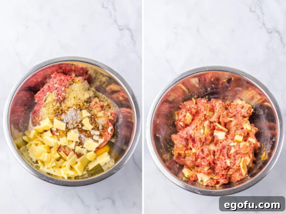 A bowl with ground beef, beefy onion soup mix, Italian bread crumbs, eggs, milk and Worcestershire sauce being mixed by hand.