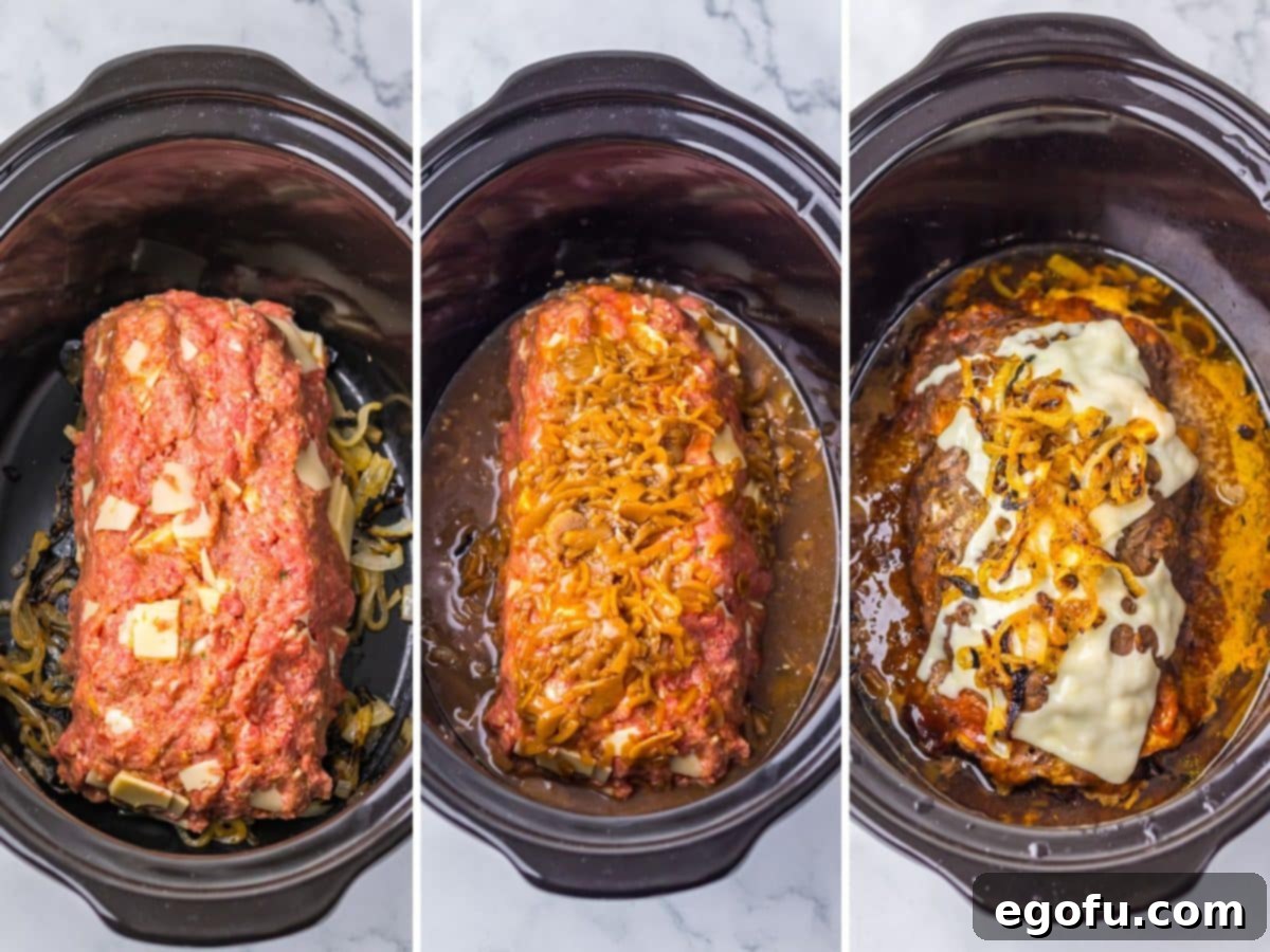 A shaped meatloaf positioned in a Slow Cooker, ready for the French onion soup and cooking.