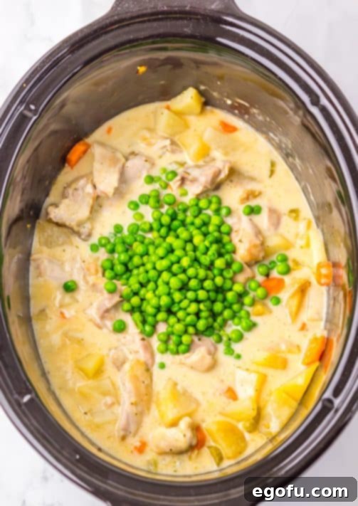 Frozen peas being added to the Crockpot chicken stew, which is thickening.