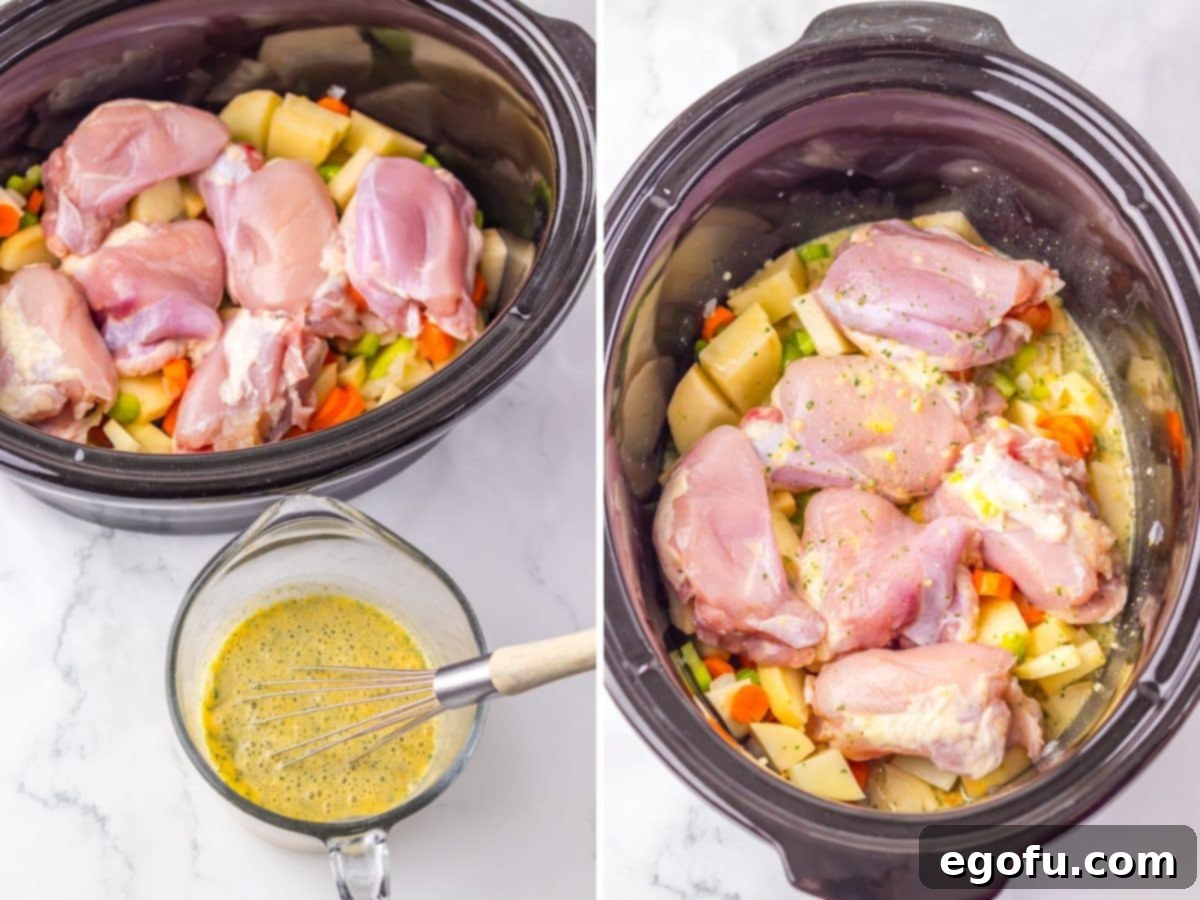 Two sequential images showing the preparation: a bowl with chicken broth, gravy, and ranch seasoning being whisked, and then all the stew ingredients, including the liquid, neatly layered in a slow cooker, ready for cooking.
