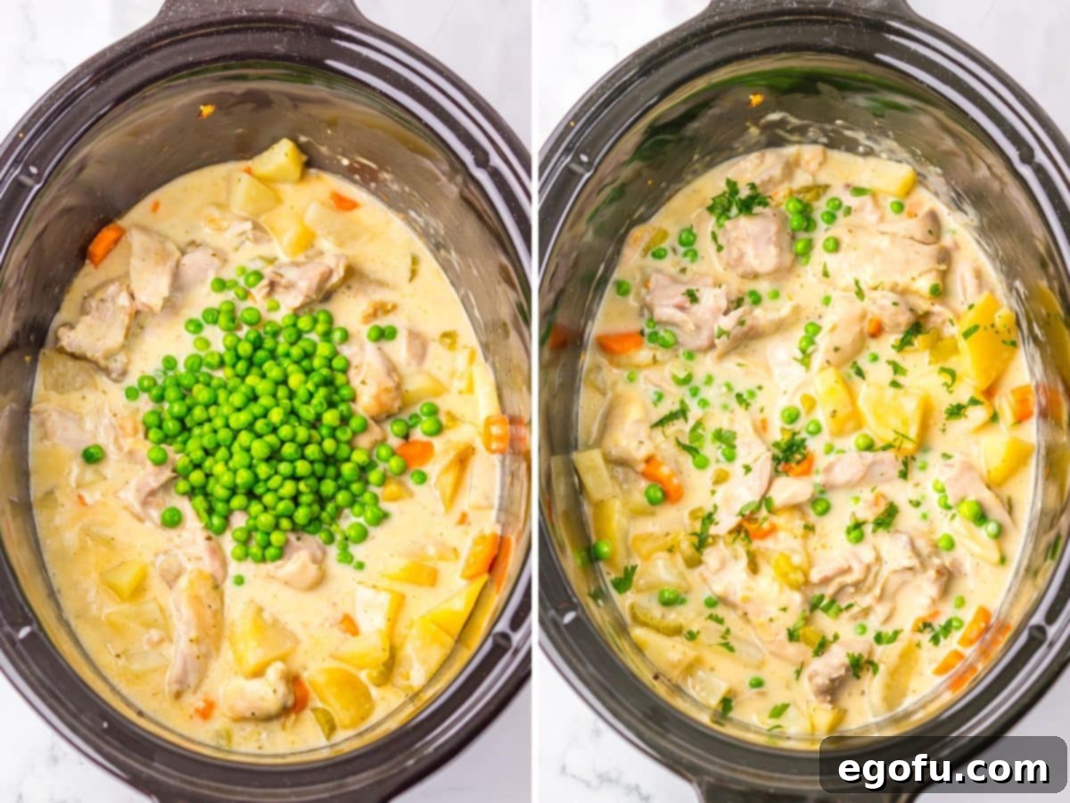 Two images: one showing frozen peas being added to the slow cooker, and the second displaying the finished creamy chicken stew inside the slow cooker, ready to be served.