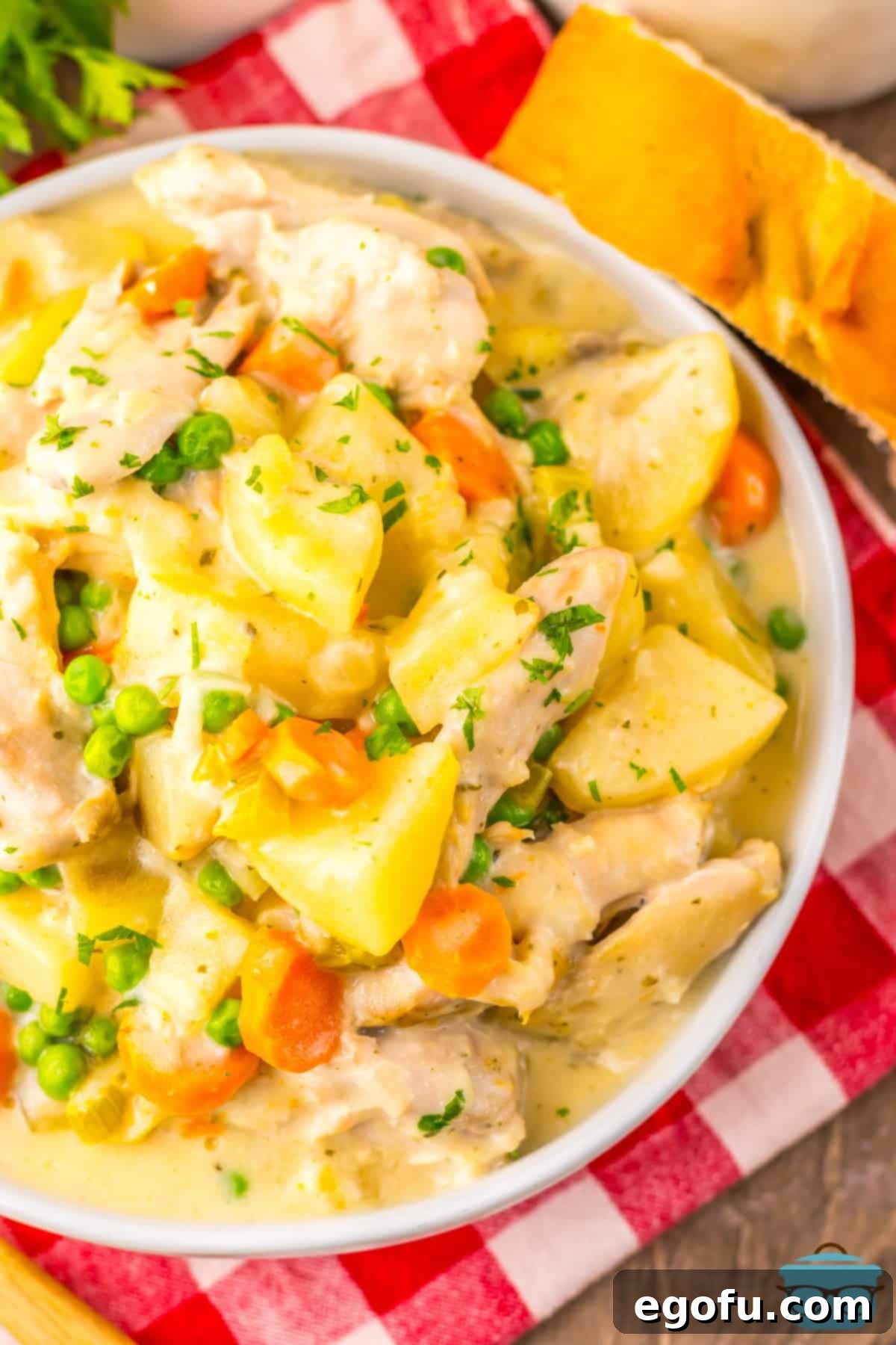 A comforting aerial view of a bowl of Crock Pot Chicken Stew, brimming with creamy broth, tender chicken, and colorful vegetables, inviting you to take a spoonful.