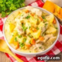 A large, inviting bowl of Crock Pot Chicken Stew, ready to be served and enjoyed.