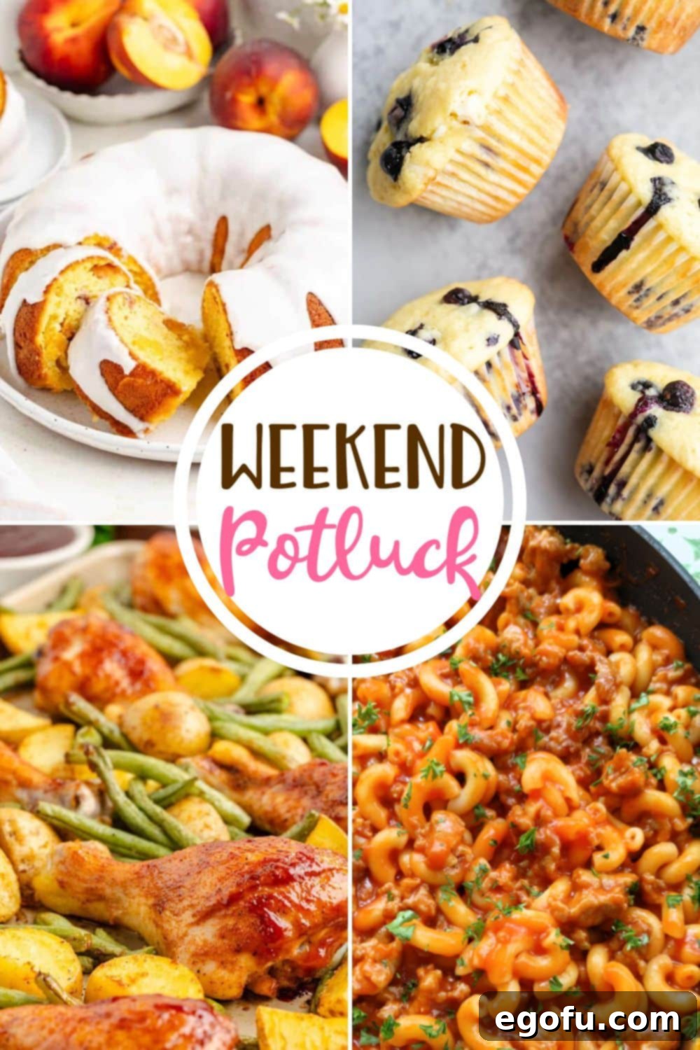 Peach Bundt Cake for Weekend Potlucks 2 Weekend Potluck featured recipes include: Peach Bundt Cake, Sheet Pan BBQ Chicken, Easy Blueberry White Chocolate Muffins and 3-Ingredient Sausage Goulash! A delightful spread of sweet and savory dishes for every occasion.