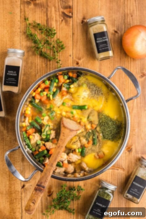 Chicken, veggies, cream of chicken soup, broth, and more being added to a pot.