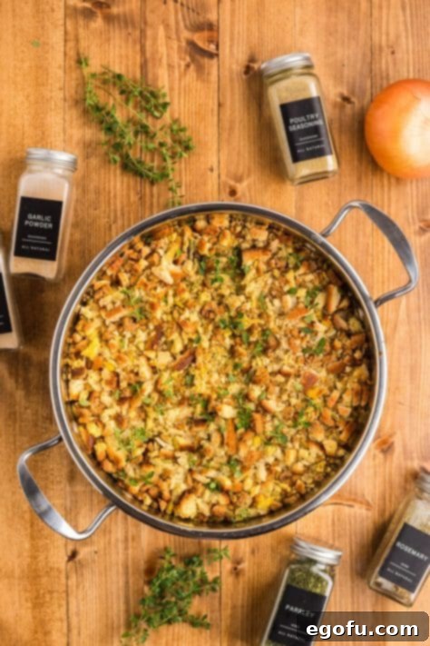 One Pot Chicken and Stuffing Casserole garnished with fresh thyme
