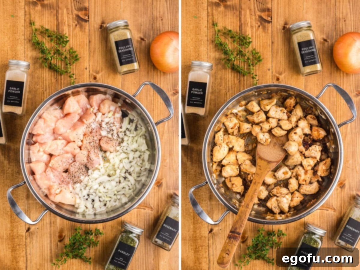 Onions and chicken being cooked in a pot.