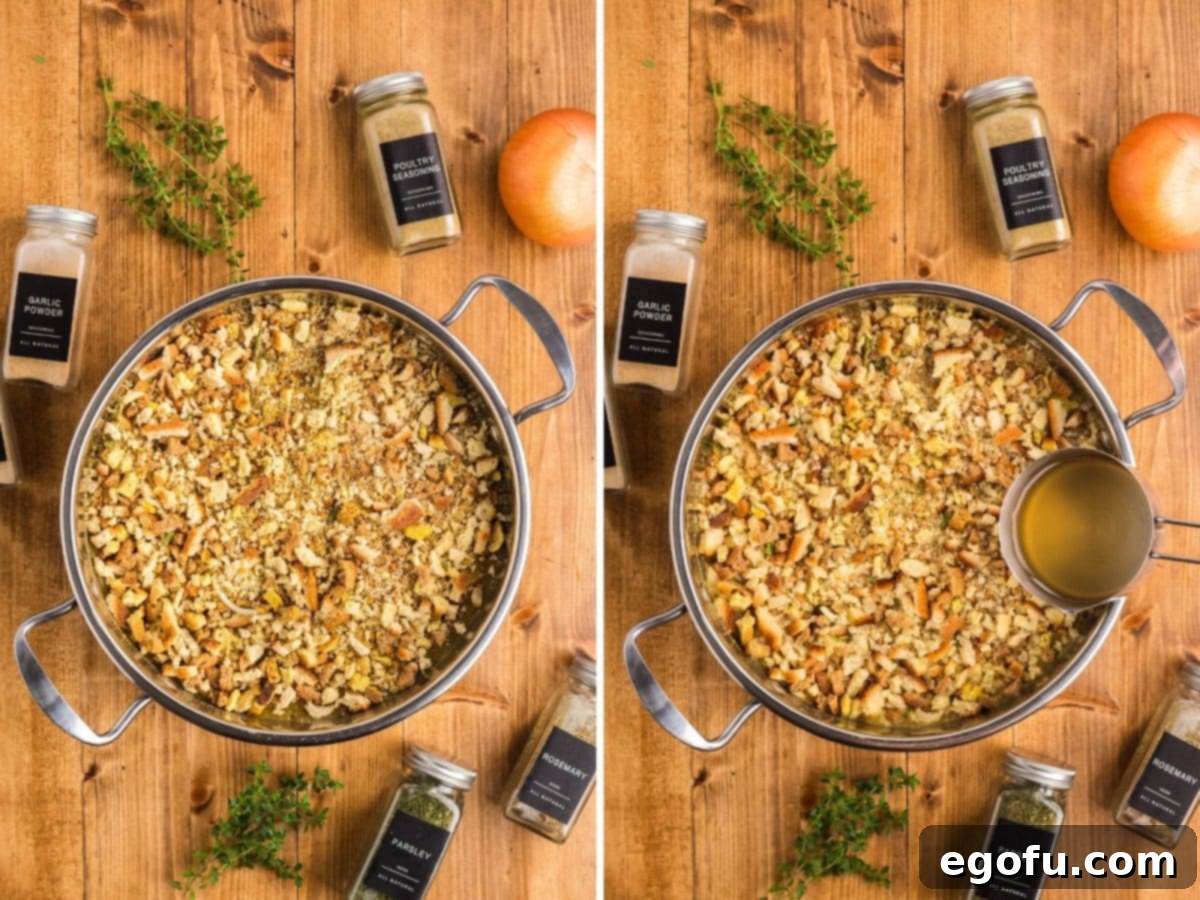 Stuffing and more chicken broth being added to a one pot meal.