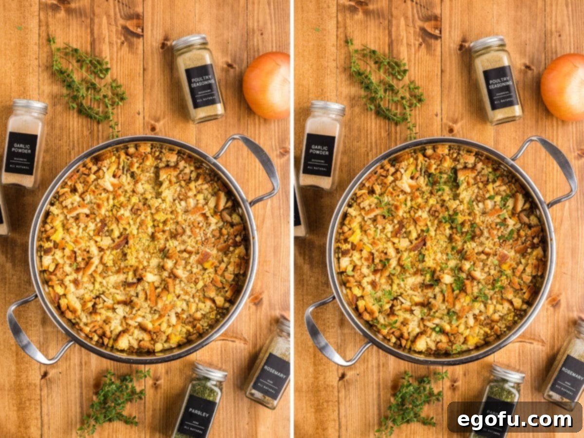 A cooked Chicken and Stuffing meal in a pot with parsley.