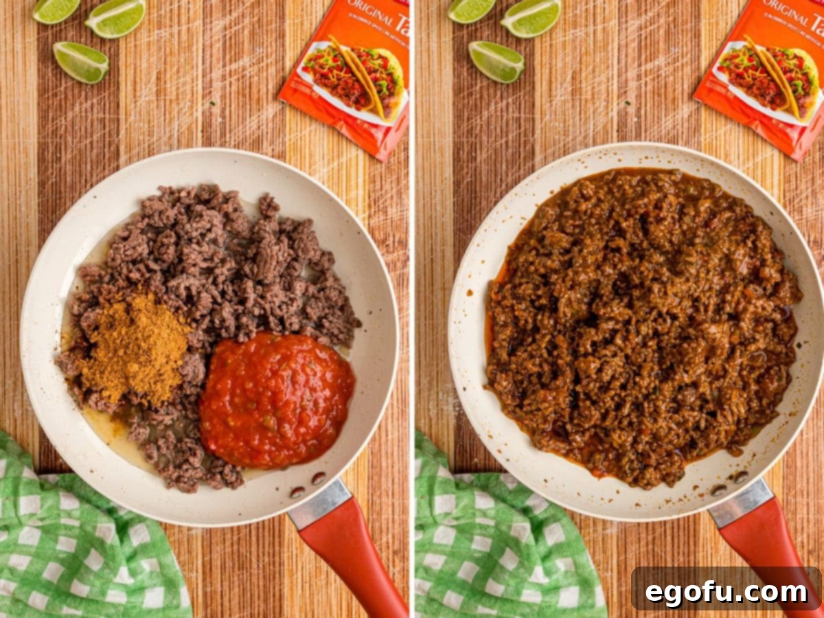 Taco seasoning, water, and salsa being mixed with cooked ground beef in a skillet.