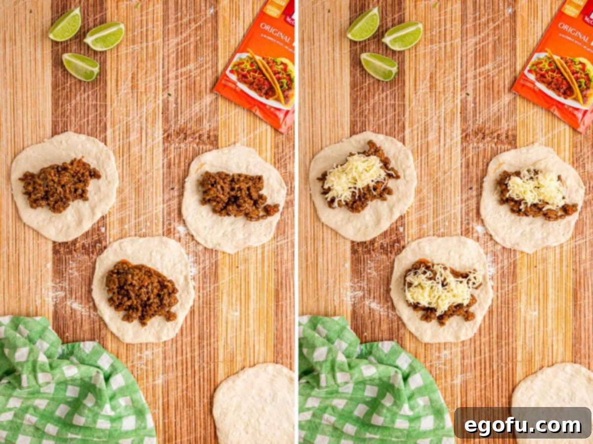 Taco meat and shredded cheese placed on rolled out biscuit pieces.